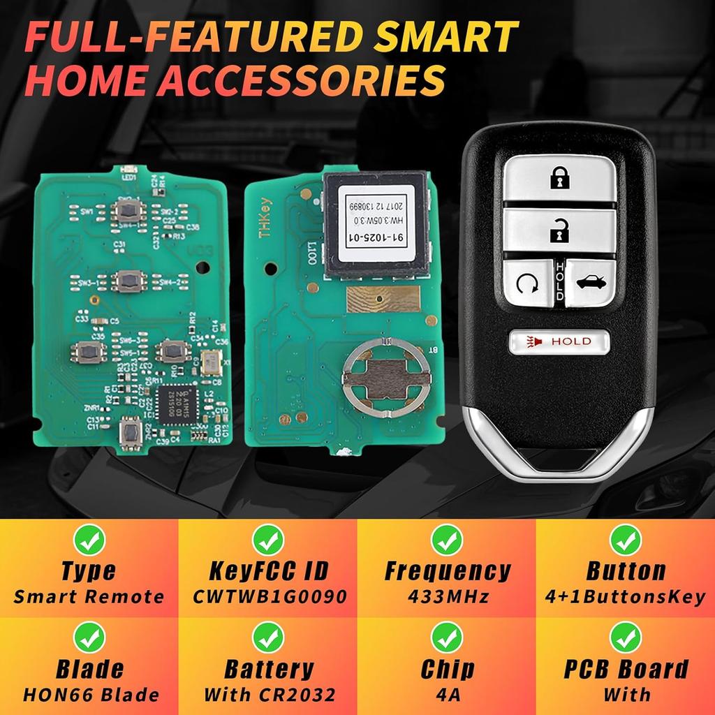 ABUDU fit for 2018- Honda 10th Gen Accord Smart Key Remote Key Fob 433MHz 4A Chip 4 +1 Buttons FCC ID: CWTWB1G0090