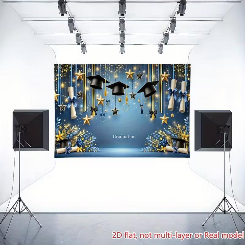 2D Graduation Photography Backdrop Blue Gold Cap and Scroll Party Background