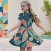 Little Girls Round Neck Flutter Sleeve Leaf Printed A Line Flared Dress