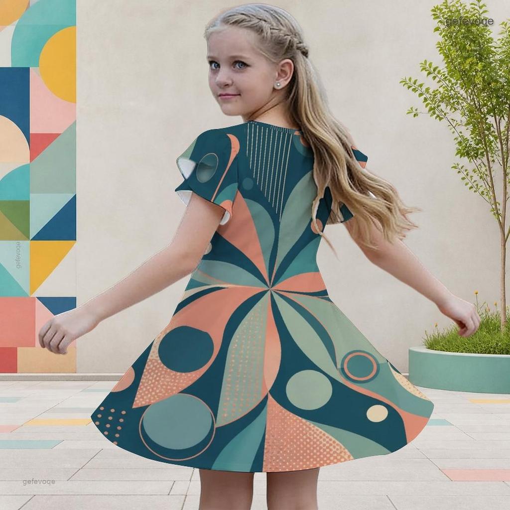 Little Girls Round Neck Flutter Sleeve Leaf Printed A Line Flared Dress