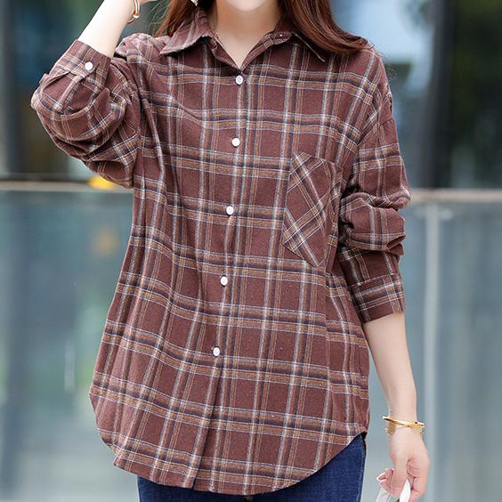 

Классическая клетчатая рубашка, простые топы, весенне-осенние рубашки с длинными рукавами с лацканами, женская хлопковая блузка с начесом, азиатский размер 3XL кофейный