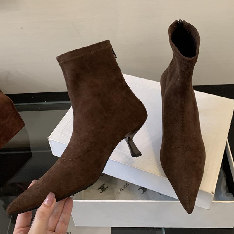 SUOJIALUN Winter New Brand Women Ankle Boots Fashion Pointed Toe Ladies Elegant Chelsea Boots Shoes Thin High Heel Dress Pumps