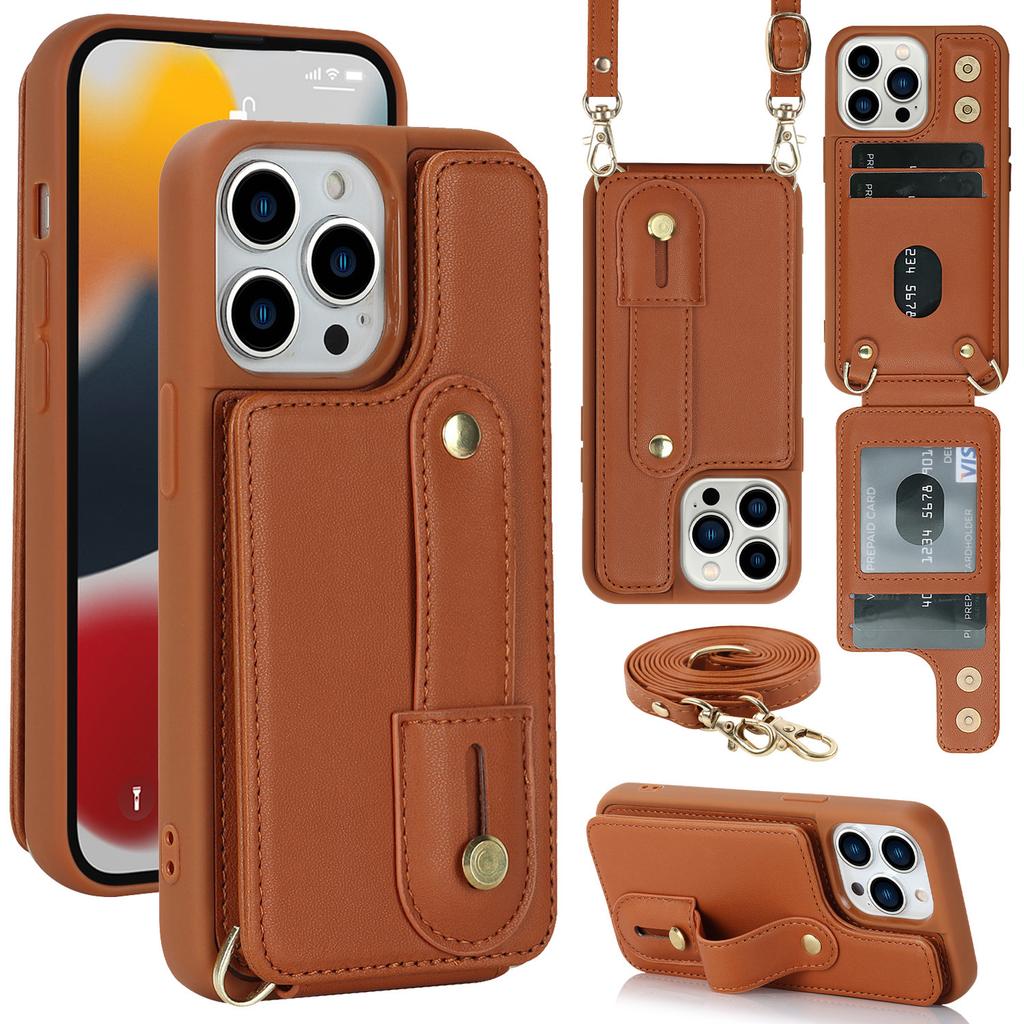 For iPhone 16 Pro Max Case Kickstand Card Slots Leather Coated TPU Cover with Shoulder Strap