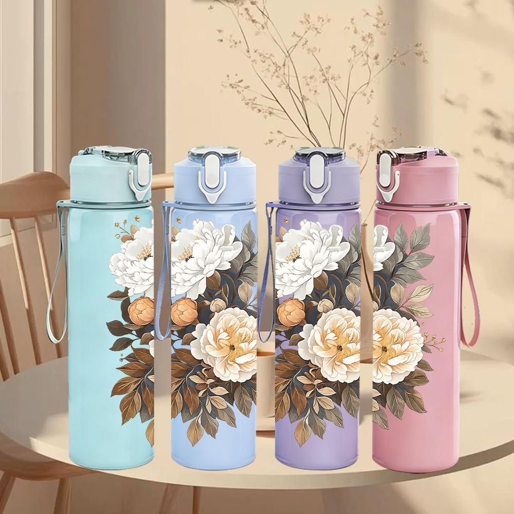 1PC Peony Rose Dried Bouquet Art Print 750ml Color Plastic Sports Water Bottle Leakproof Flip Straw Lid Suitable for Sports Office Home Use
