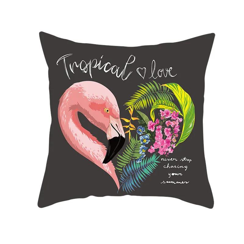 Housse de Coussin Décorative Flamant Rose Plantes Tropicales d'Été Feuilles Vertes Housse de Coussin à Jeter Housse de Coussin Flamant Rose