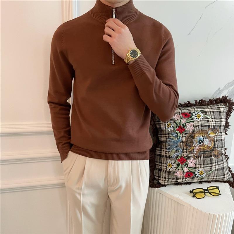Men Half Zipper Long Sleeve Solid Color Business Fitted Knit Sweater Bottoming Shirt