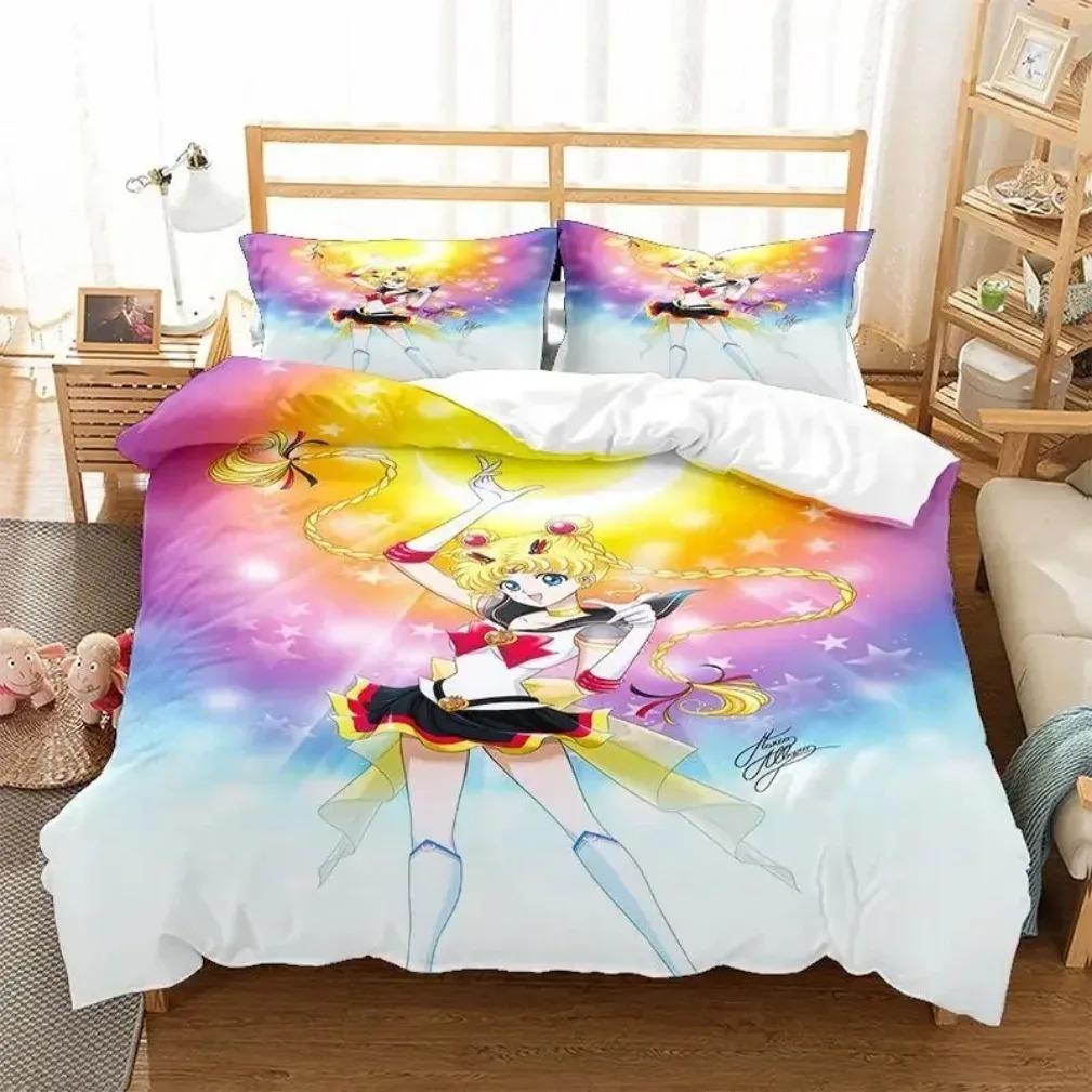 Set de lenjerie de pat Anime S-Sailor & M-Moon, Husă de plapumă, Plapumă, Set de pat, Husă de pilotă, Față de pernă, Mărime King, Queen, Twin, Băieți, Fete, Adulți