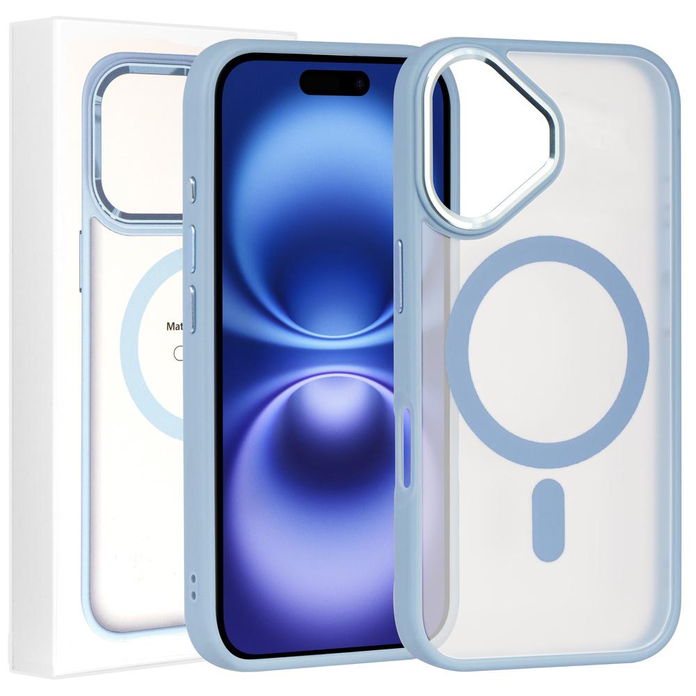 Hülle für iPhone 16, für MagSafe, ERBORD Matt Case, transparent / blau + Glas-Displayschutz