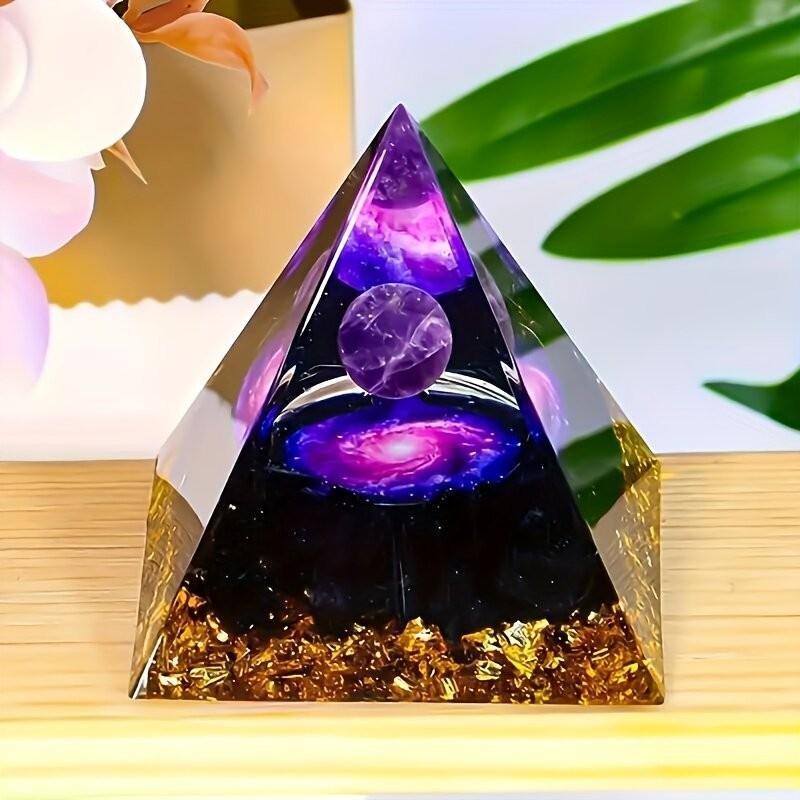 Natural Orgone Pyramid with Galaxy Design Amethyst Sphere Obsidian Filling for Meditation Gift Living Room Decor