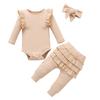 3PCS Infant Baby Girls Outfits Newborn Ruffled T-Shirt Romper Bodysuit + Pant + Headband Clothes Set Long Sleeve Fall Winter Clothing Suits
