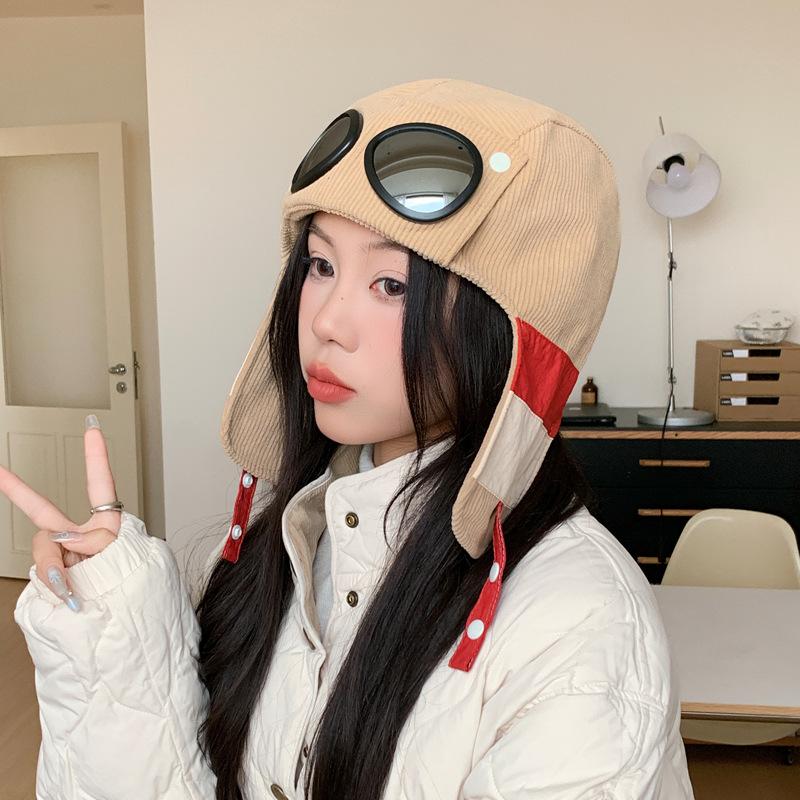 

Goggles flying hat cute versatile windproof ear hat Japanese new autumn and winter hat men s and women s Lei Feng hat tide One size fits all хакі