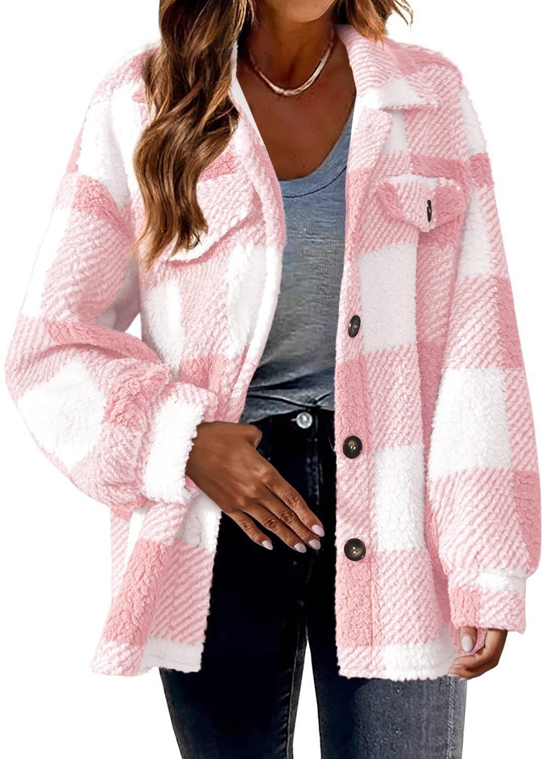 Women s Turn Down Collar Long Sleeve Plaid Fleece Jacket Loose Fit Casual Shacket Coat S