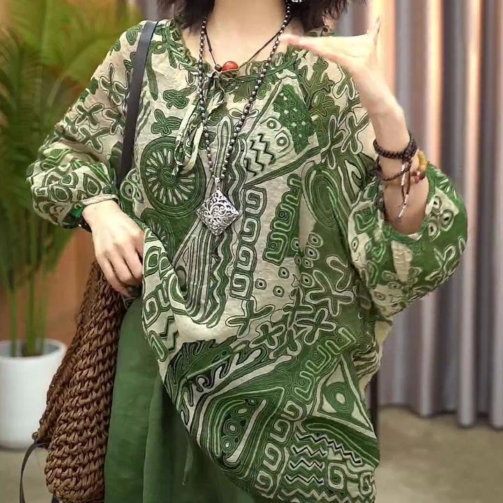 Retro Print Oversized Women's T-Shirt - Spring/Summer 2025, Loose Sun Protection Pullover for Middle-Aged and Elderly Moms