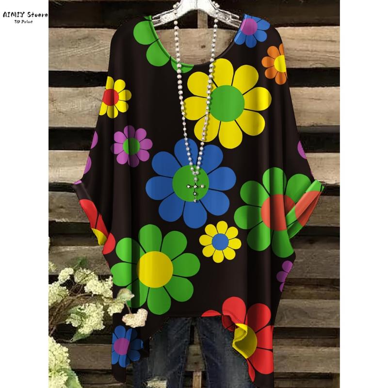 T-shirt Bohemian Chic Oversize Semplice Vintage con Stampa Floreale Orlo Irregolare Girocollo Abbigliamento da Donna alla Moda e Versatile