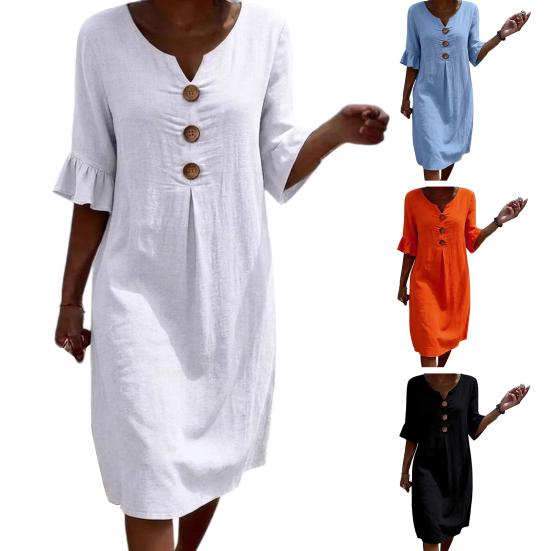 Casual Cotton Linen Midi Sundress with Ruffle Sleeves and Button Details