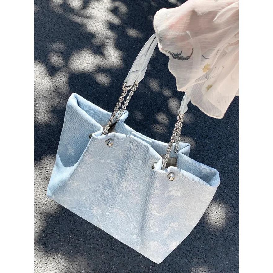 Casual Blue Leather Shoulder Bags Classic Large Capacity College Students Tote Bags High Quality Women's Handbags for Commuting