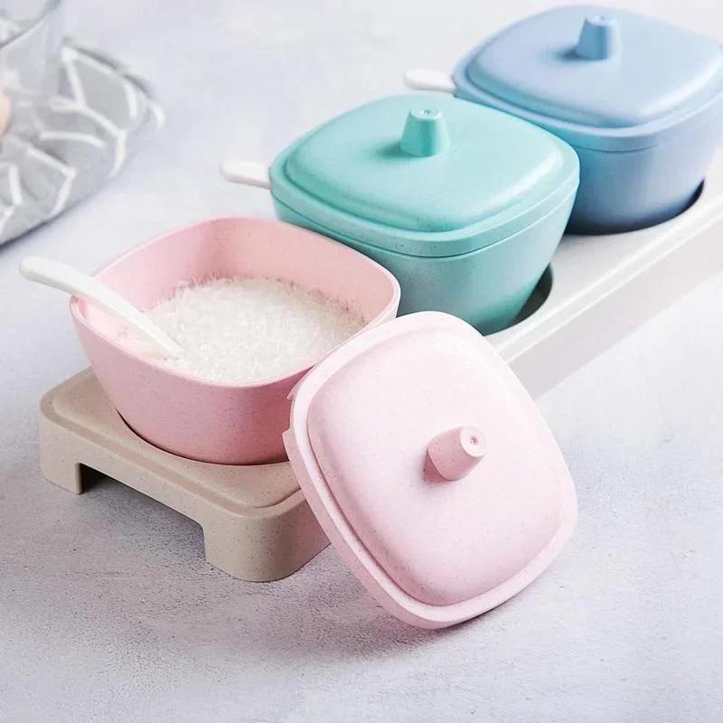 Wheat Straw Seasoning Box Plastic Spice Jar Kitchen Salt Condiment Cruet Storage Box Containers