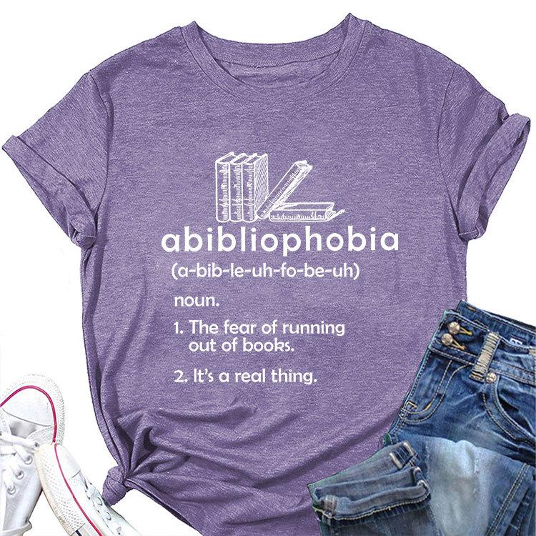Summer new round neck casual Tshirt abibliophobia book print loose short sleeve top Womens allmatch fashion pullover