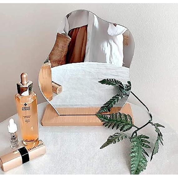 Irregular Aesthetic Vanity Mirror Frameless, Decorative Desk Tabletop Acrylic Mirrors with Wooden Stand for Living Room, Bedroom, Office and Minimal