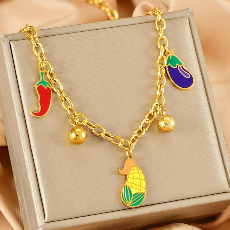Rural Style Eggplant Corn Fashion Necklaces Color Drip Glue Pendant Necklace Exquisite Round Beads Stainless Steel Jewelry