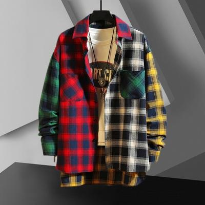 Männer Frühling Hemd Colorblock Plaid Print einreiher Lose Langarm Revers Tasten Streetwear Casual Strickjacke Hemd Mantel