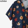 VONDA Summer Vintage Women V Neck Short Sleeve Floral Print Holiday Casual Blouse