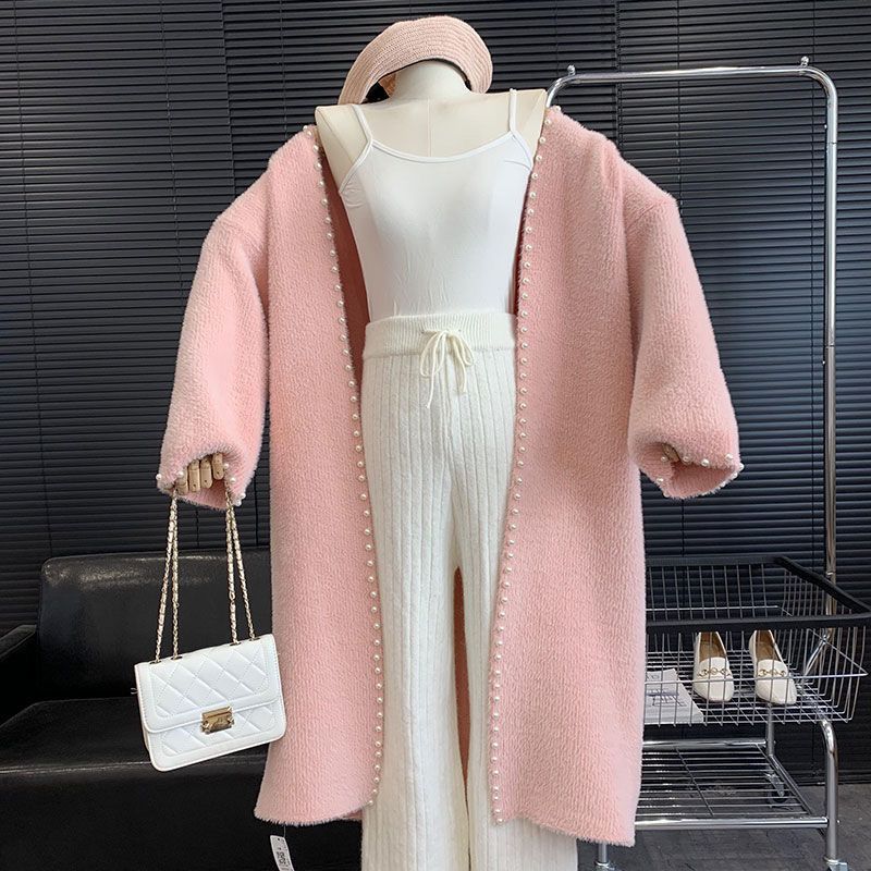 Women's Mink Fleece Cardigan Jacket Autumn and Winter Midi Beaded Knitted Cardigan Loose Casual Over-the-knee Knitted Sweater Coat