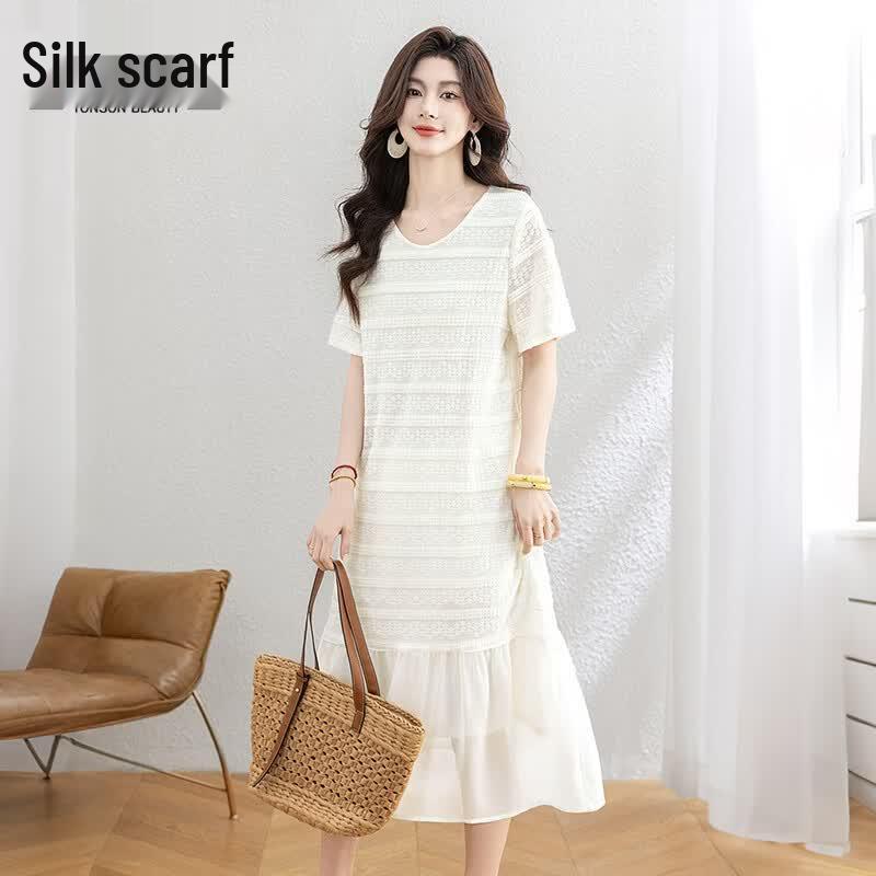 Women s Round Neck Patchwork A-Line Midi Dress XL