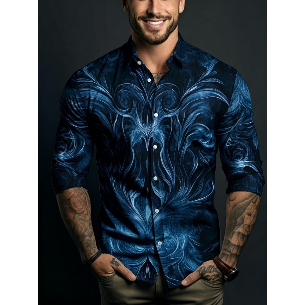 Men's Symmetrical Fluid Pattern Printed Long Sleeved Shirt with Lapel Buttons, Nightclub Party Trendy Men's Top