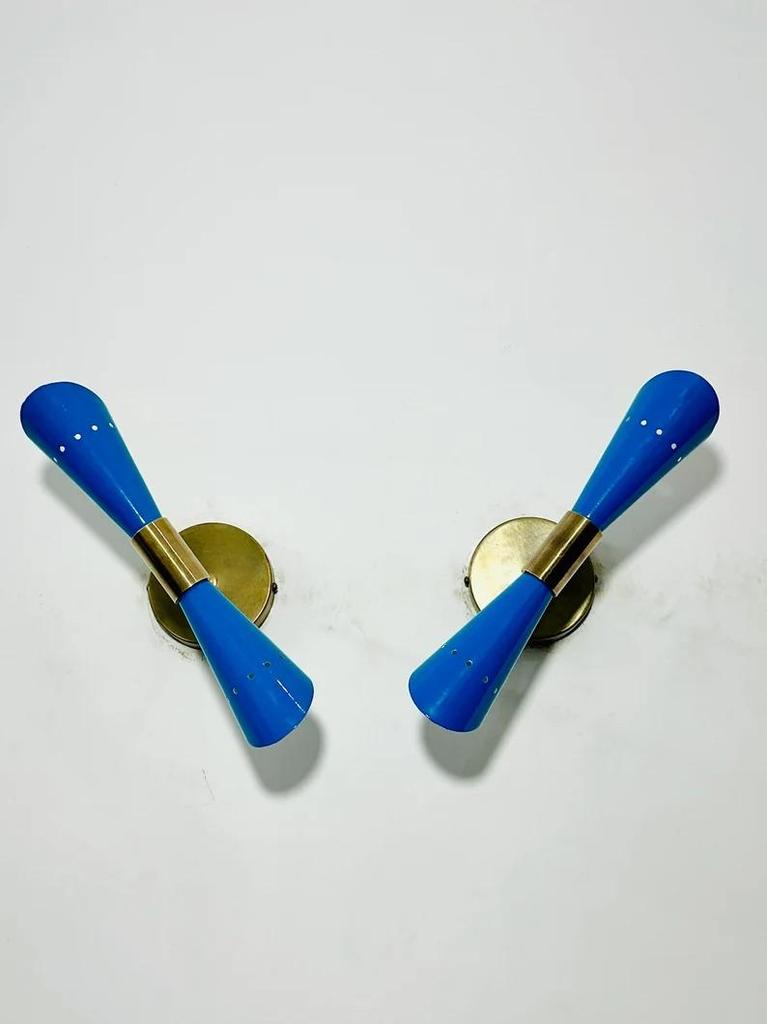 1950s Mid Century Blue Diabolo Brass Wall Sconces - Italian Style Pair
