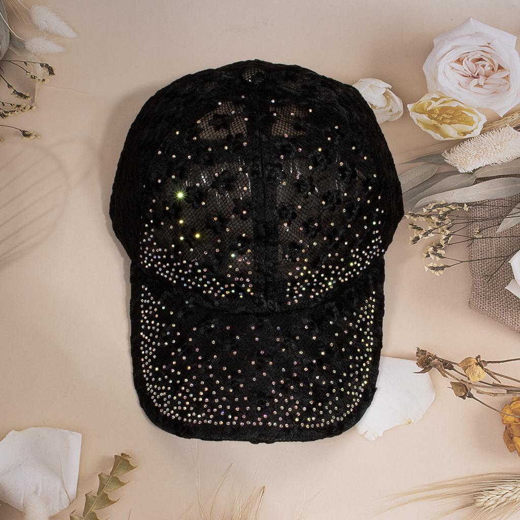 Shiny Rhinestone Lace Flower Baseball Cap Hollow Out Breathable Adjustable Ladies Spring Summer Hats