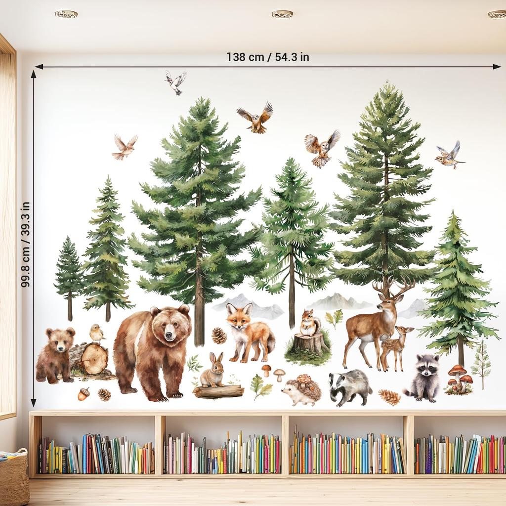 DECOWALL Watercolor Forest Animals Wall Stickers with and Tree Design for and Removable DIY Wall Decor for and Infants Bear, Deer, Fox, Kids' Rooms,