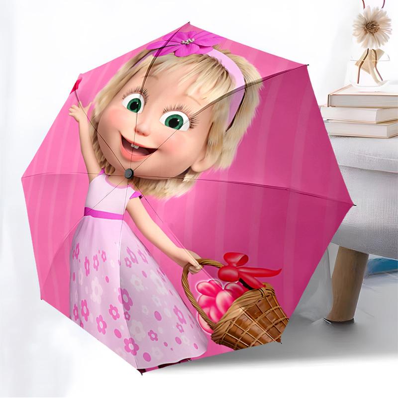 1 pièce Parapluie Pliant Automatique Masha et l'Ours, Conception Pliable Portable, Accessoire Extérieur Décontracté L1127109