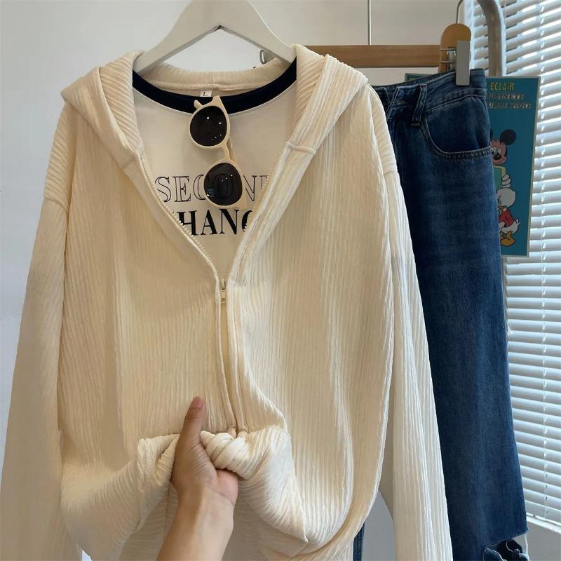 Spring Autumn Women's Ribbed Knit Zip Up Casual Loose Long Sleeve Drawstring Hooded Sweatshirt
