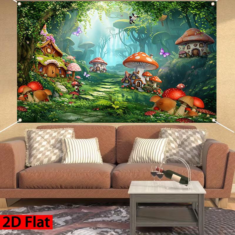 2D Plane 1 Piece of Fantasy Mushroom Village Magic Forest-themed Background Banner