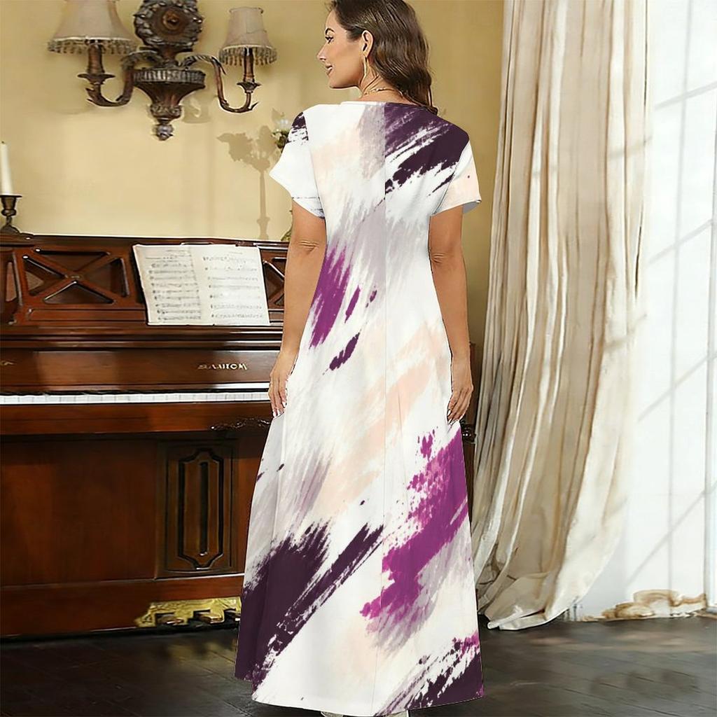 Women Plus Size V Neck Short Sleeve Printed Straight Maxi Dress