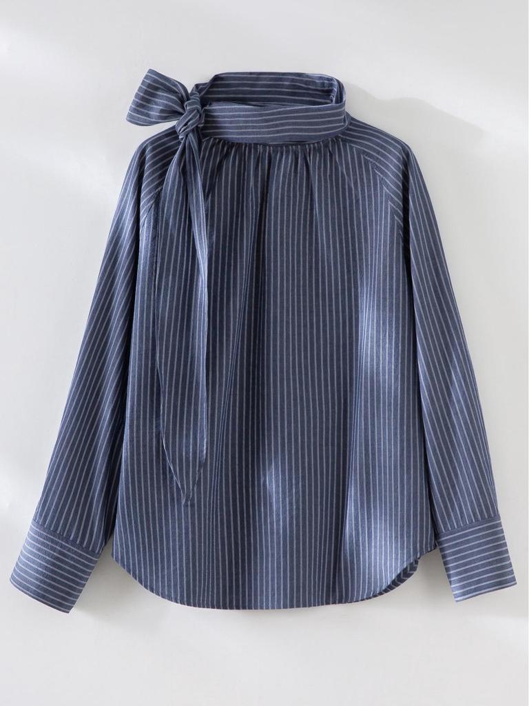 Women's Pure Cotton Striped Shirt with Ribbon Design - Slimming, Loose-Fit, Casual Spring Top