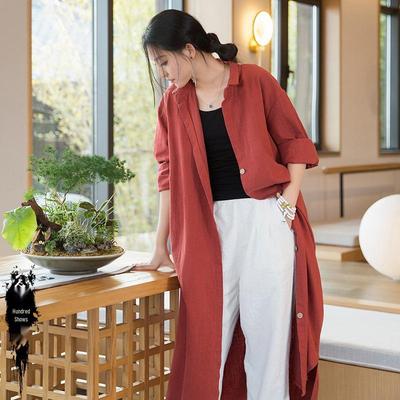 Women's Distressed Ramie Trench Coat: Casual, Slimming, and Elegant Long Cardigan