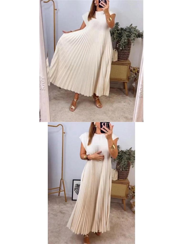 2026 Women's Autumn European & American Fashion: Elegant Sleeveless Round Neck Pleated Long Dress