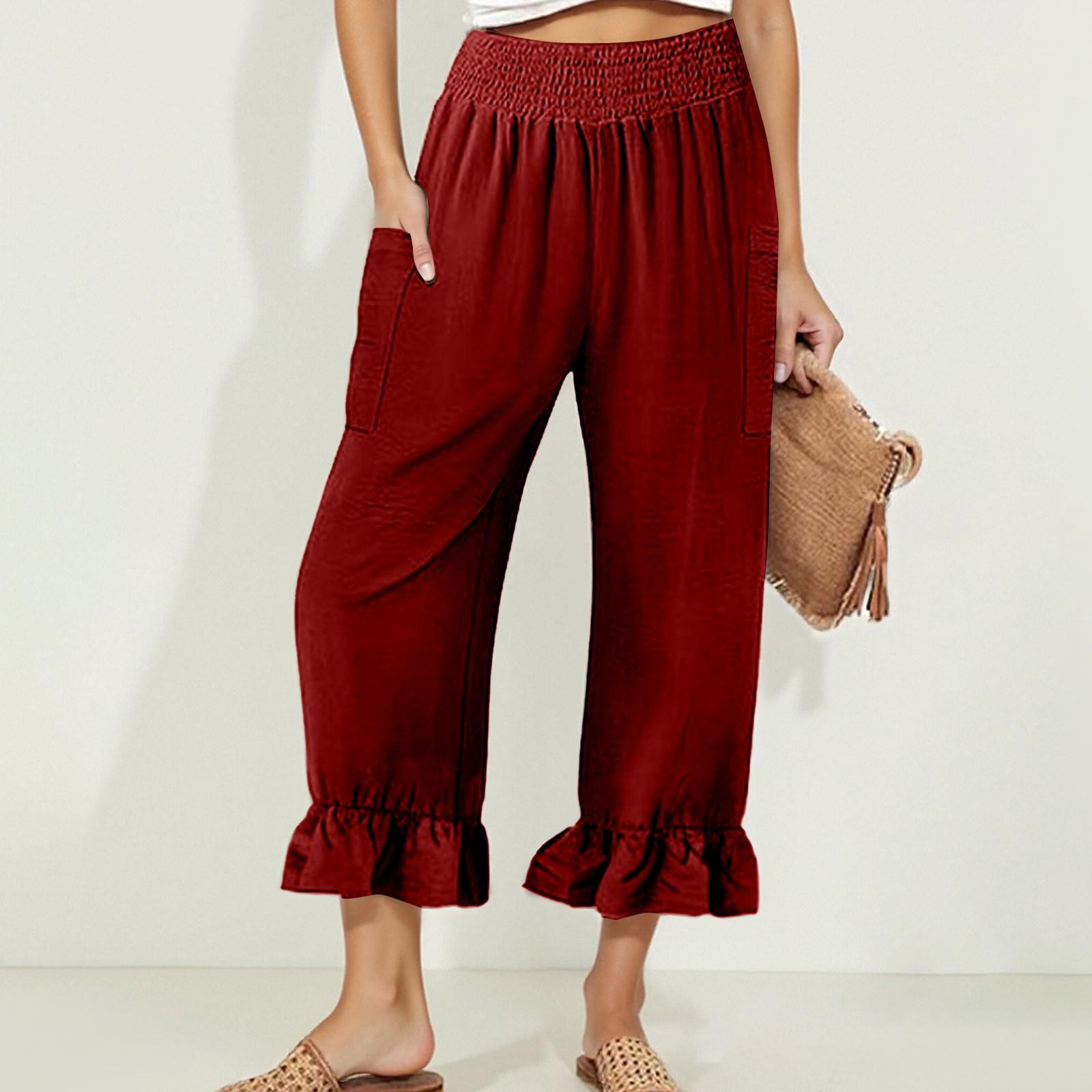 

Women s High Waist Solid Color Casual Trousers Workout Pants 3/4 Pants L винний