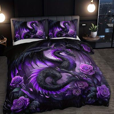 [Κλινοσκεπάσματα Γοτθικού Στυλ] Σετ Κλινοσκεπασμάτων με Σκοτεινό Μωβ Δράκο και Τριαντάφυλλο 2/3 τεμαχίων, 1 Κάλυμμα Παπλώματος + 1/2 Μαξιλαροθήκες) Δώρο Χριστουγέννων
