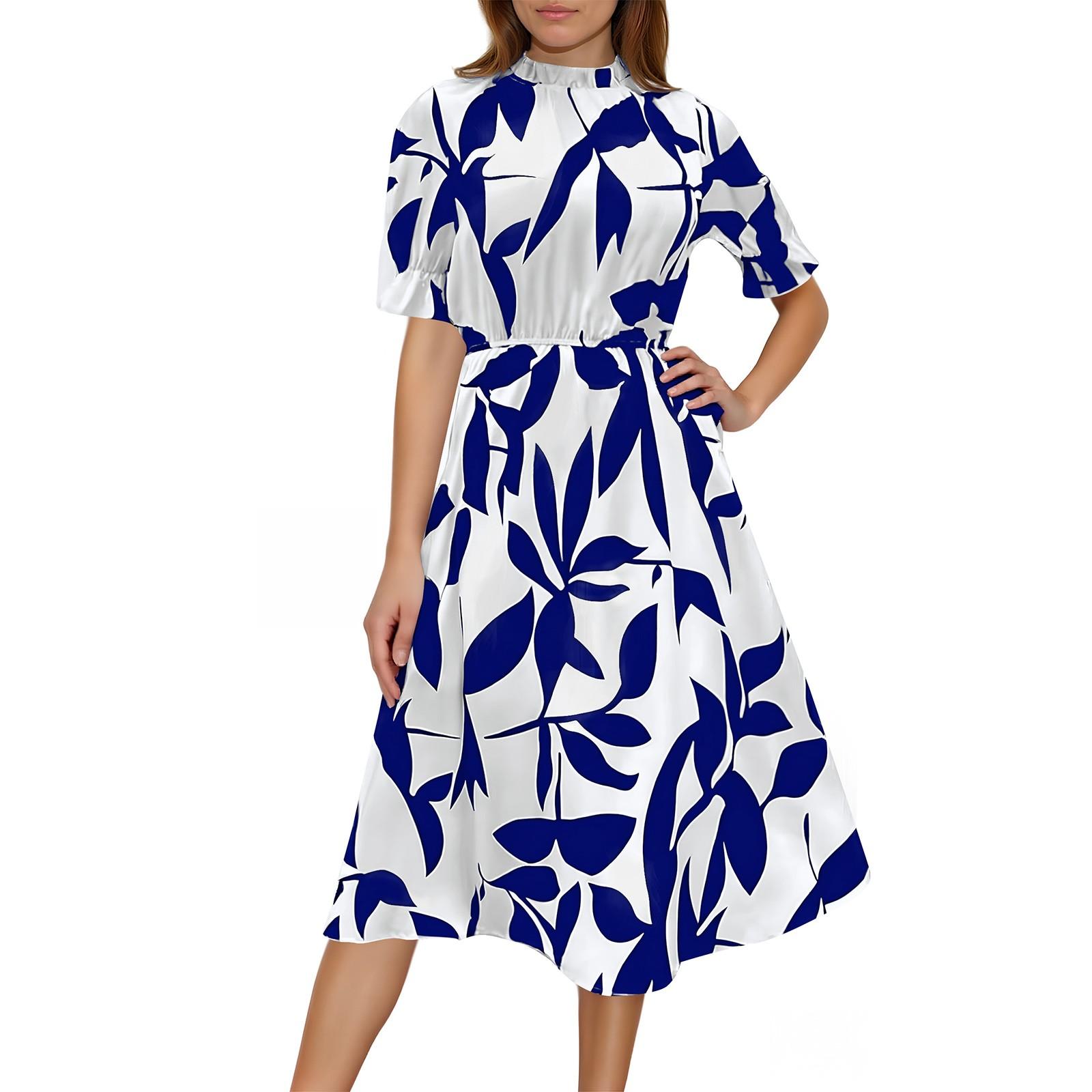 Short-sleeved Round Neck Ruffled Printed Long Skirt L