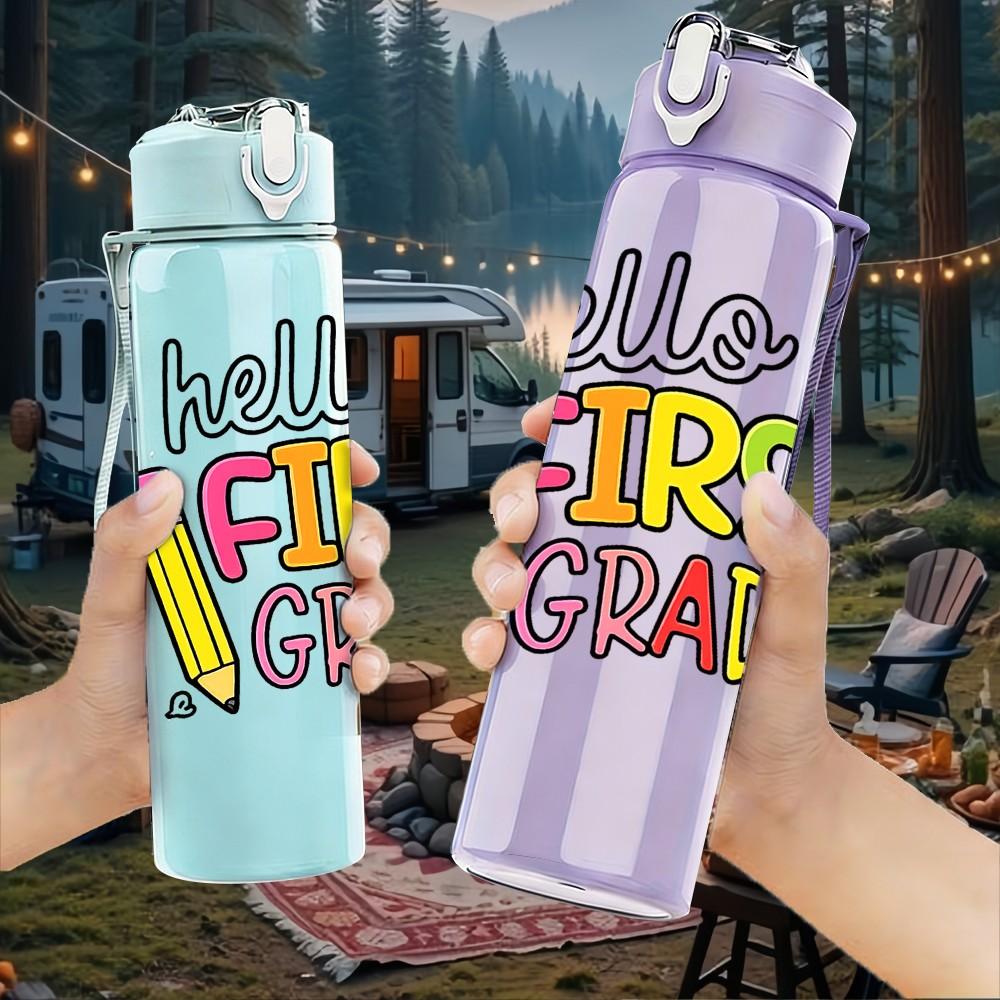 1PC Hello First Grade Apple Rainbow 750ml Color Plastic Sports Water Bottle Leakproof Flip Straw Lid Suitable for Sports Office Home Use