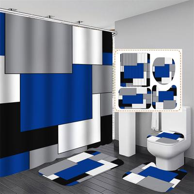 3D High-definition Printed Shower Curtain Waterproof Bathroom Curtain Fabric American Patterned Checkered Bathroom Partition Carpet Floor Mat 4pcs
