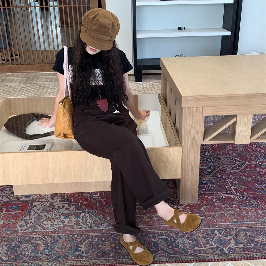 Round Head Matte Leather Cross Buckle Commuter Work Shoes Retro Flat Bottom Shallow Mouth Single Shoes Fashionable Versatile Mary Jane Shoes