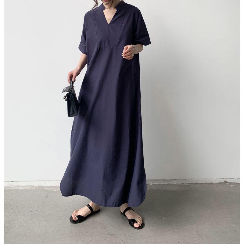 

Summer New Arrival Short-Sleeve One-Piece Dress for Women Retro Temperament Commute Loose Short Sleeve a Pure Color Line Skirt V Neck Long Skirt Tibetan Blue One size