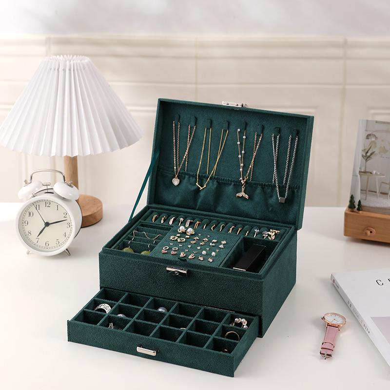 Lockable Three-Layer Velvet Jewelry Box with Earring, Ring, and Bracelet Storage