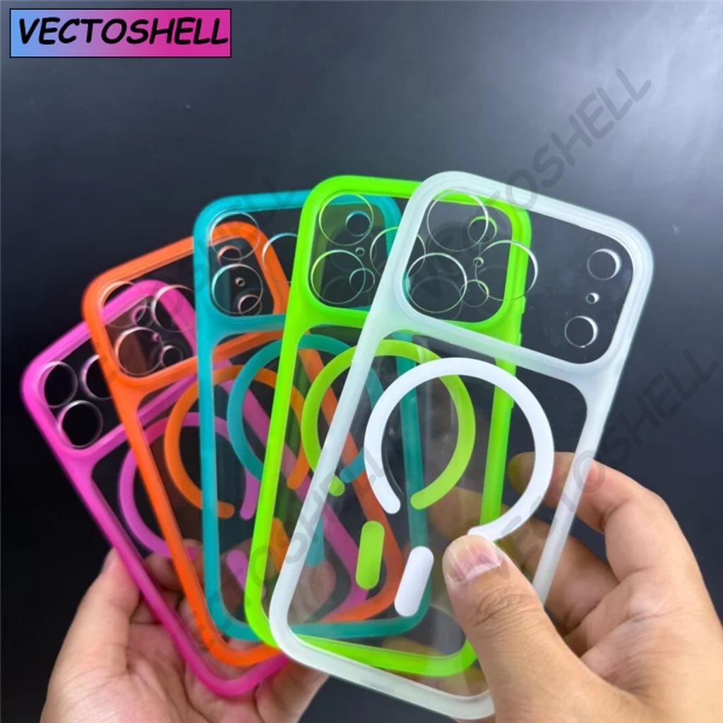 Custodia Magnetica Trasparente Colore Neon Originale Per Iphone 17air 16 16pro 15 14 pro Max Pulsante Fotocamera Tattile Per Magsafe Cover Rigida