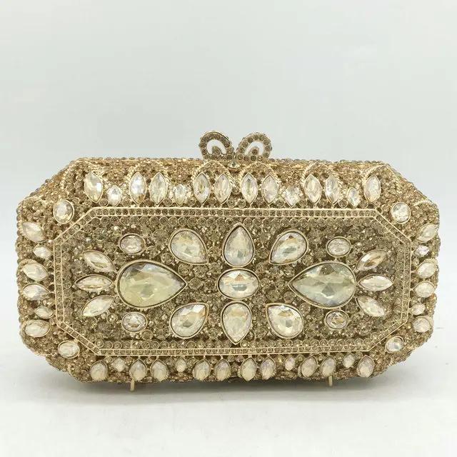 Boutique De FGG Elegant Bling Women Gold Crystal Clutch Evening Bags Wedding Party Rhinestone Box Handbags Minaudiere Purse