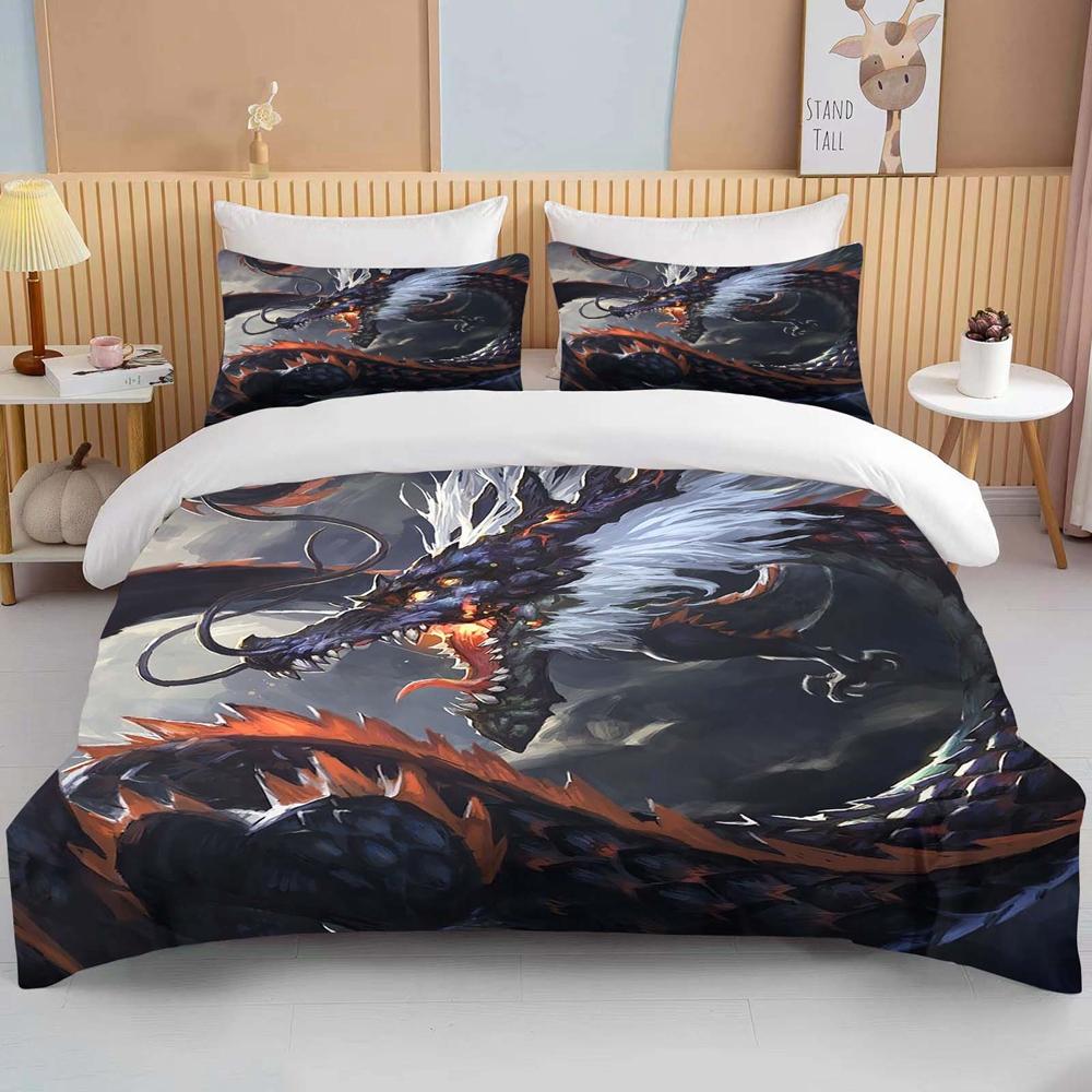 Comforter Chinese Dragon Bedding Set 3Pcs For Kids Red Dragon And White Cloud Print Comforter Mythology Microfiber